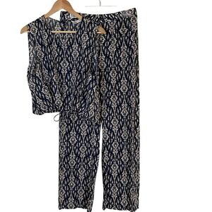 Zara Womens Ava Cotton Pant Top Set Size Small Botton XL Top Black‎ Tan Print